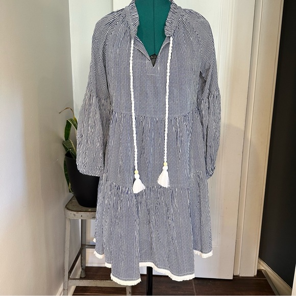 Tuckernuck Dresses & Skirts - Tuckernuck nautical navy white striped tassel coverup dress small